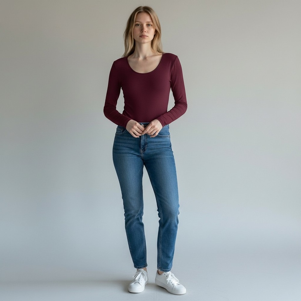 MANGOPOP Womens Long Sleeve Scoop Neck Bodysuit Burgundy Wine Size M
